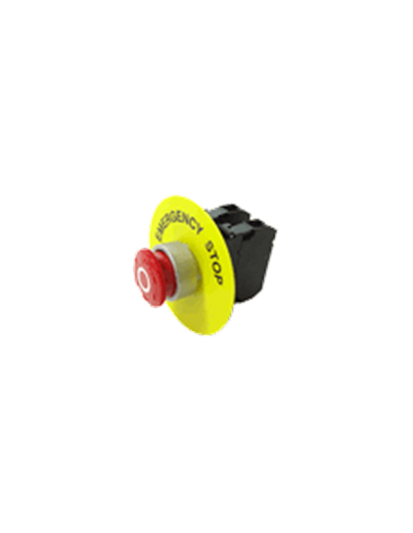 Bouton arrêt d'urgence composé rouge dévérrouillage en tournant marquage O blanc